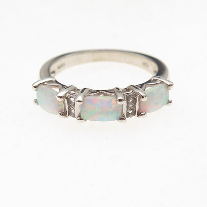 925 Sterling Silver Vintage Real Opal & White Topaz Ring Size 7.25