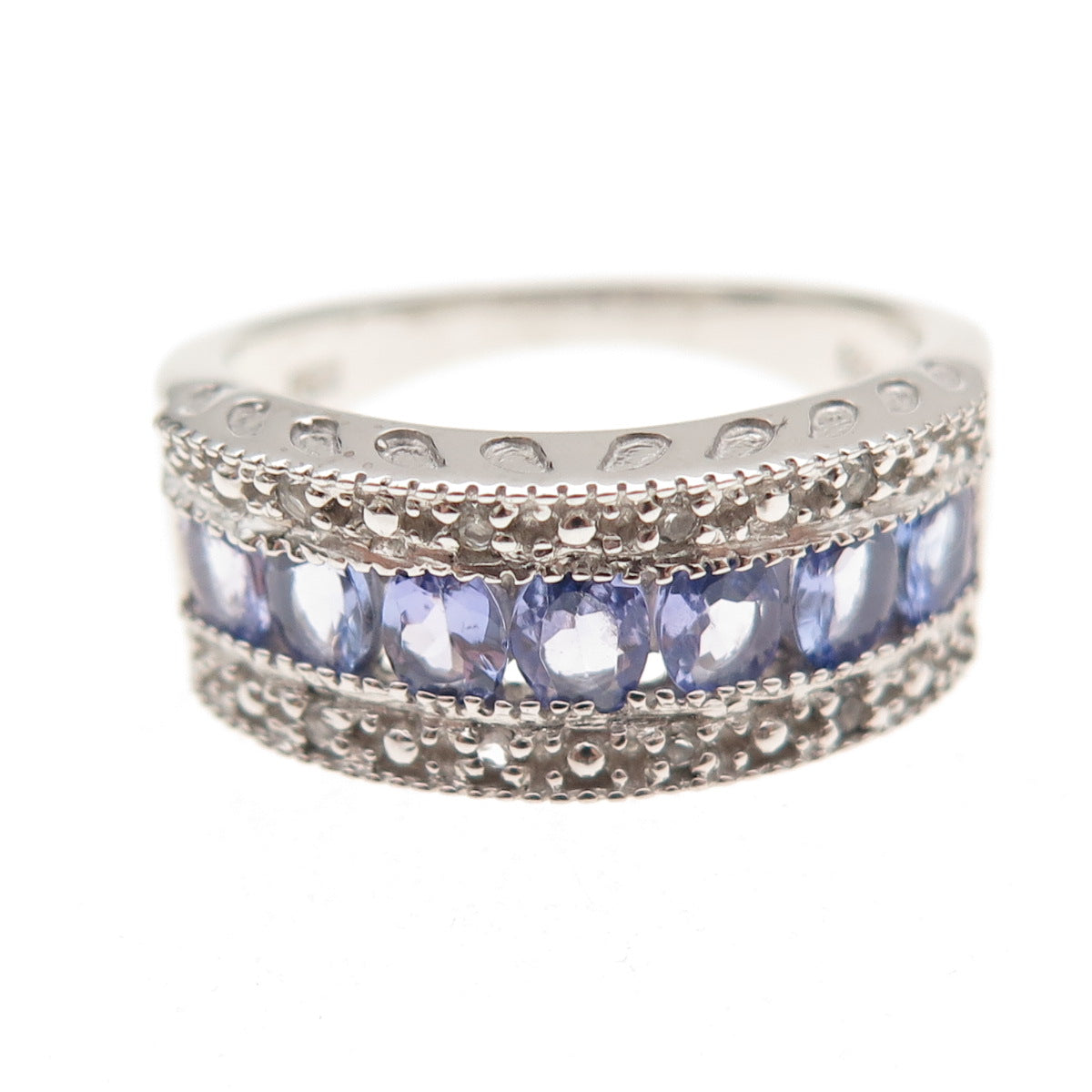 925 Sterling Silver Real Oval-Cut Tanzanite & Round-Cut White Topaz Ring Size 8