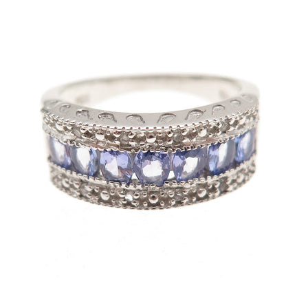 925 Sterling Silver Real Oval-Cut Tanzanite & Round-Cut White Topaz Ring Size 8