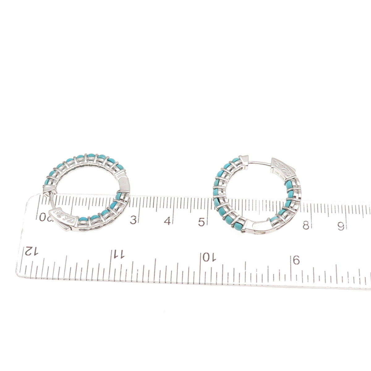 925 Sterling Silver Real Tyrone Turquoise In & Out Hoop Earrings