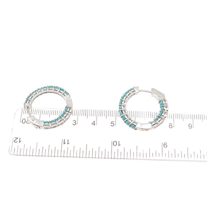 925 Sterling Silver Real Tyrone Turquoise In & Out Hoop Earrings