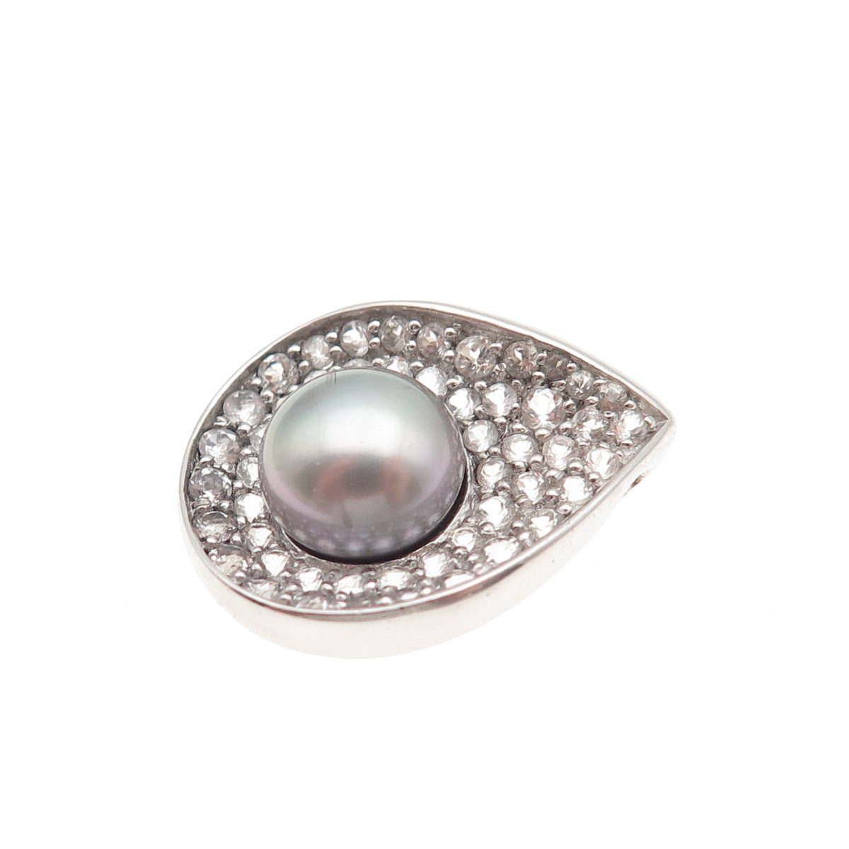 925 Sterling Silver Real Pearl & White Topaz Teardrop Slide Charm Pendant