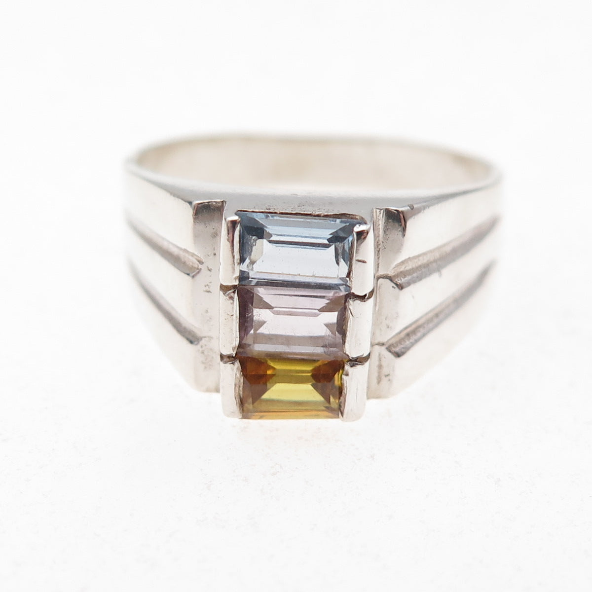 925 Sterling Silver Vintage Real Amethyst Iolite & Citrine Ring Size 7.75