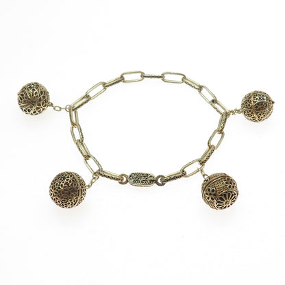925 Sterling Gold Plated Antique China Filigree Ball Oval Link Bracelet 5.75"