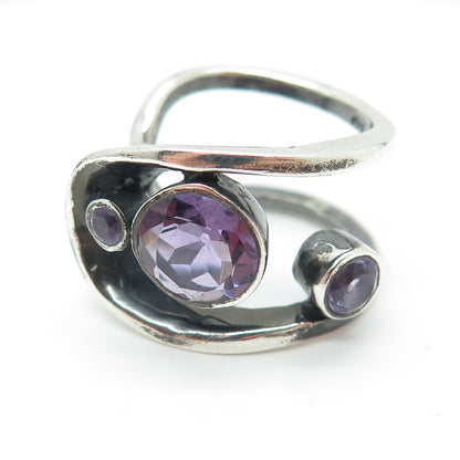 925 Sterling Silver Vintage Amethyst Modernist Oxidized Adjustable Ring Size 8