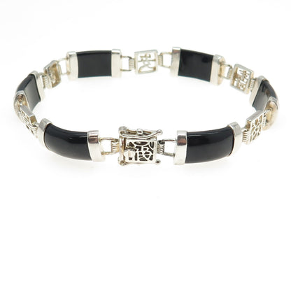 925 Sterling Silver Vintage Real Black Onyx Chinese Character Panel Bracelet 8"