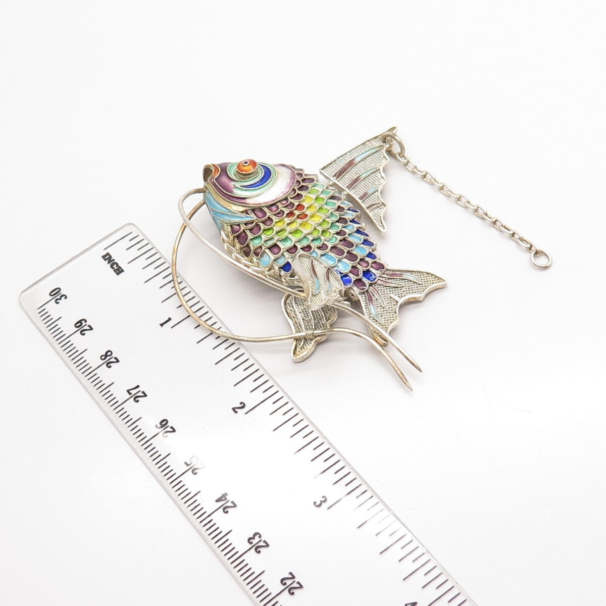 925 Sterling Silver Enamel Antique Chinese Articulated Koi Fish Chatelaine Fob