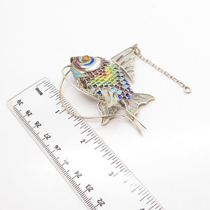 925 Sterling Silver Enamel Antique Chinese Articulated Koi Fish Chatelaine Fob