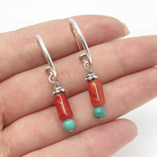 925 Sterling Silver Vintage Real Turquoise & Agate Hoop Charm Earrings