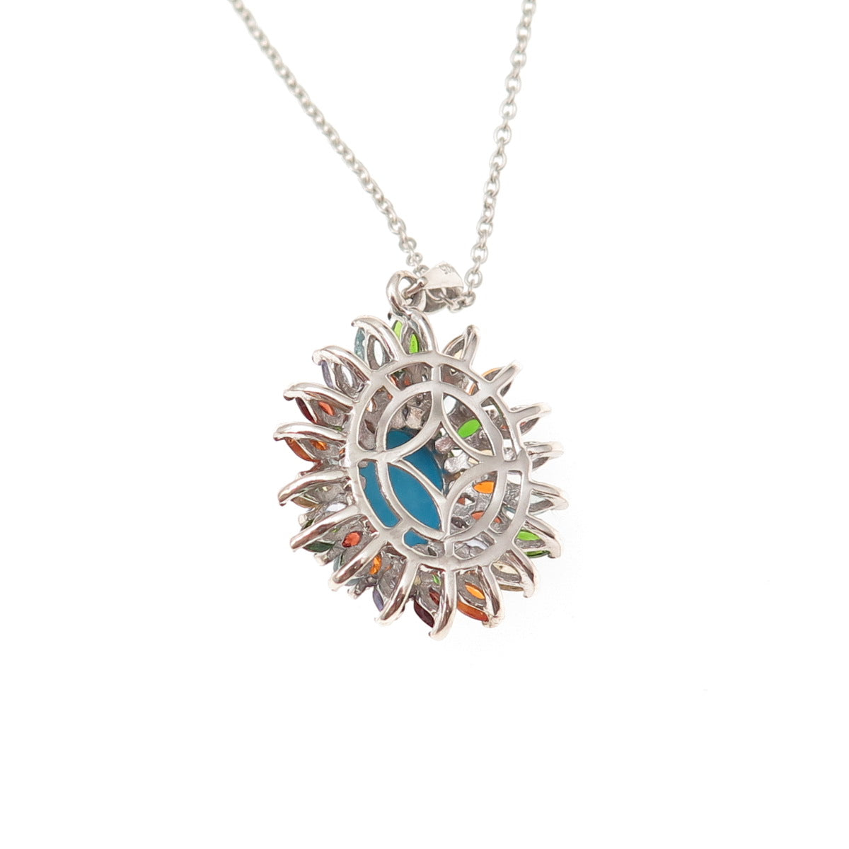 D'Joy 925 Sterling Silver Real Turquoise & Multi-Gem Cable Chain Necklace 20"
