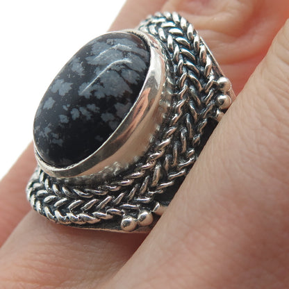 925 Sterling Silver Vintage Snowflake Obsidian Braided Oxidized Ring Size 9.5