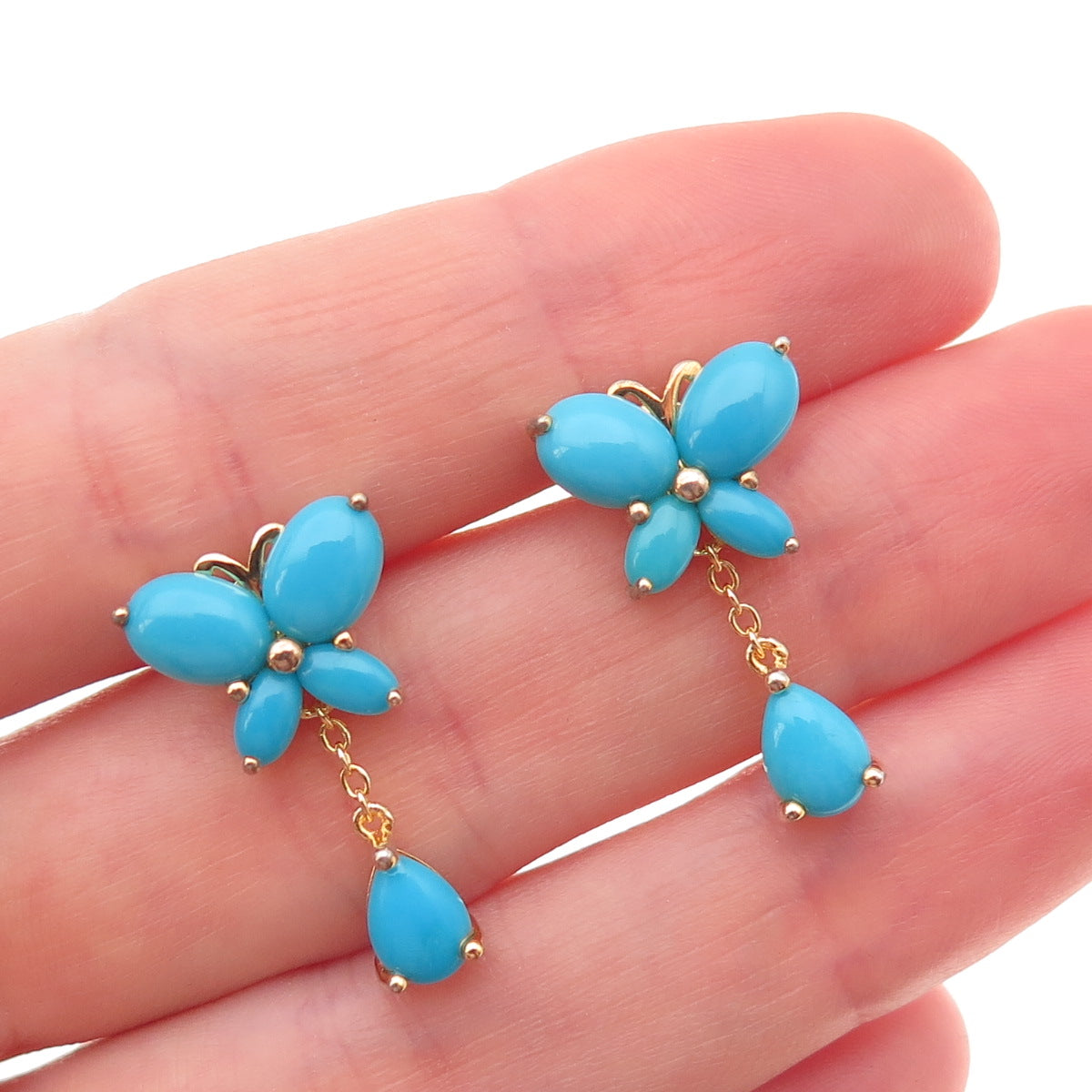 925 Sterling Silver Gold Plated Real Turquoise Butterfly Dangle Earrings
