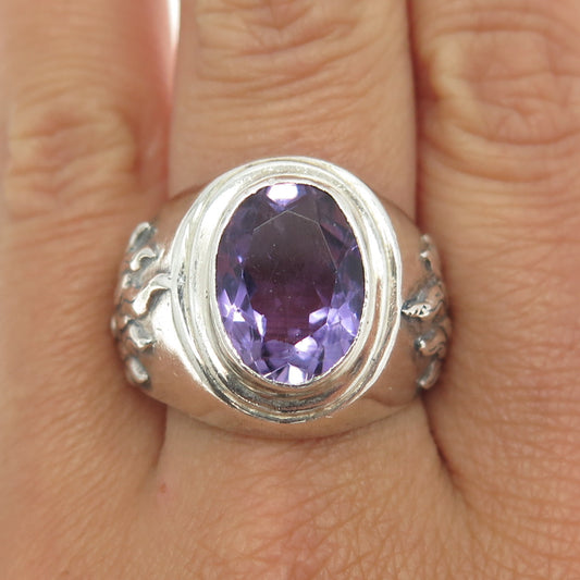 925 Sterling Silver Vintage Real Amethyst Gemstone Floral Ring Size 10.25