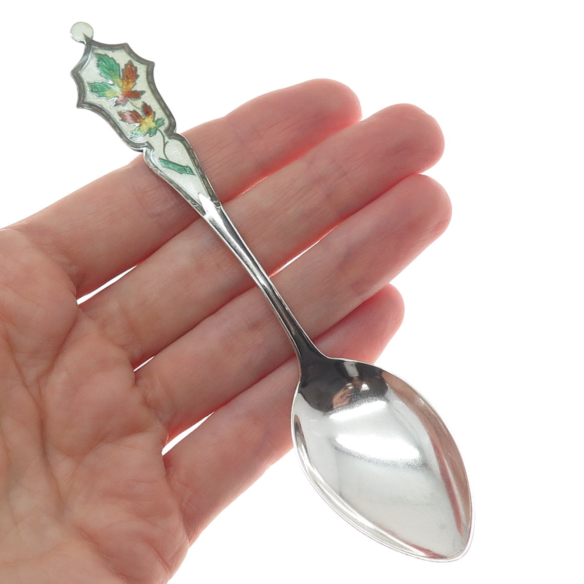 CARON BROS. 925 Sterling Silver Antique Canada Enamel Maple Leaf Coffee Spoon