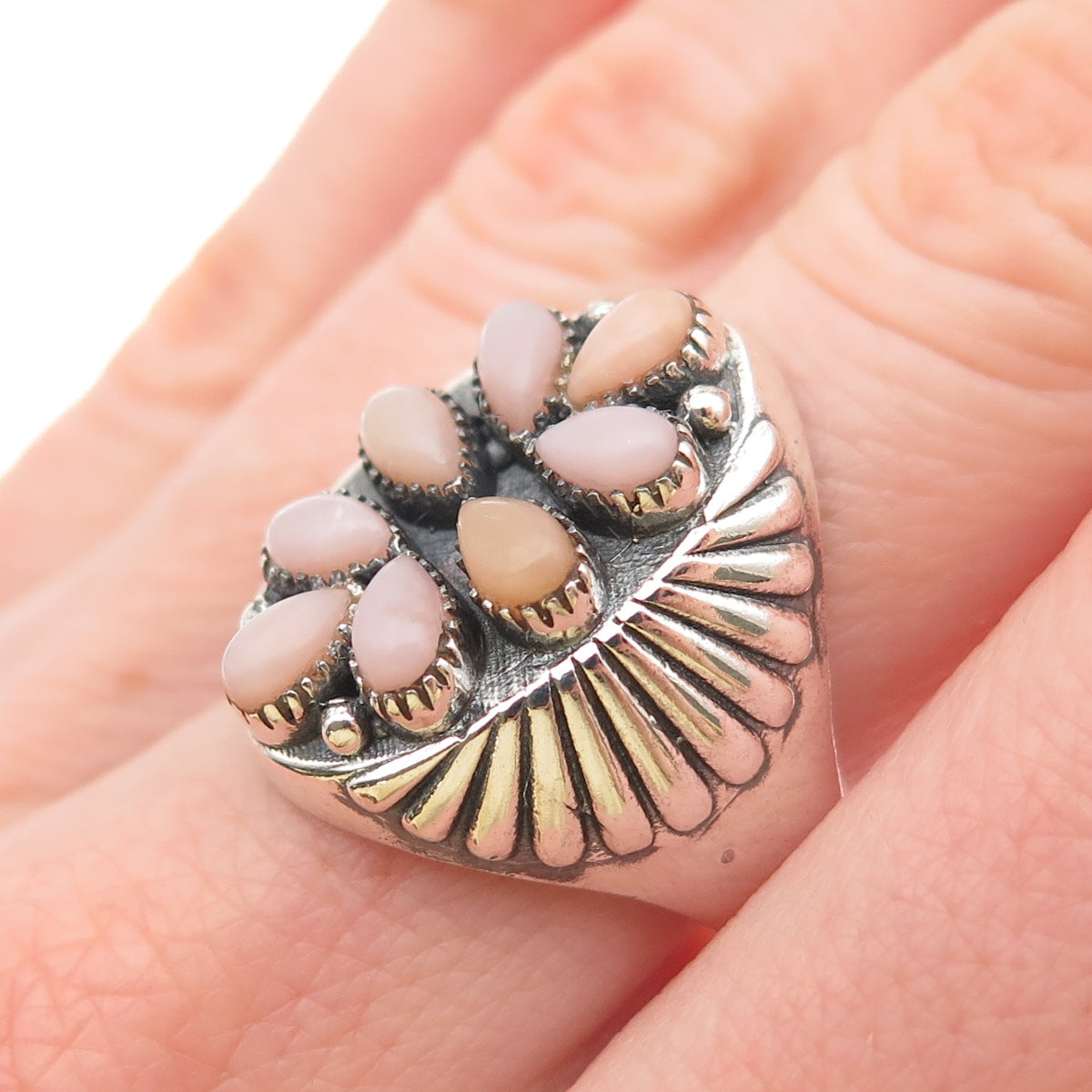 Krush Kandy 925 Sterling Vintage Real Pink Conch Shell Adjustable Ring Size 7.75