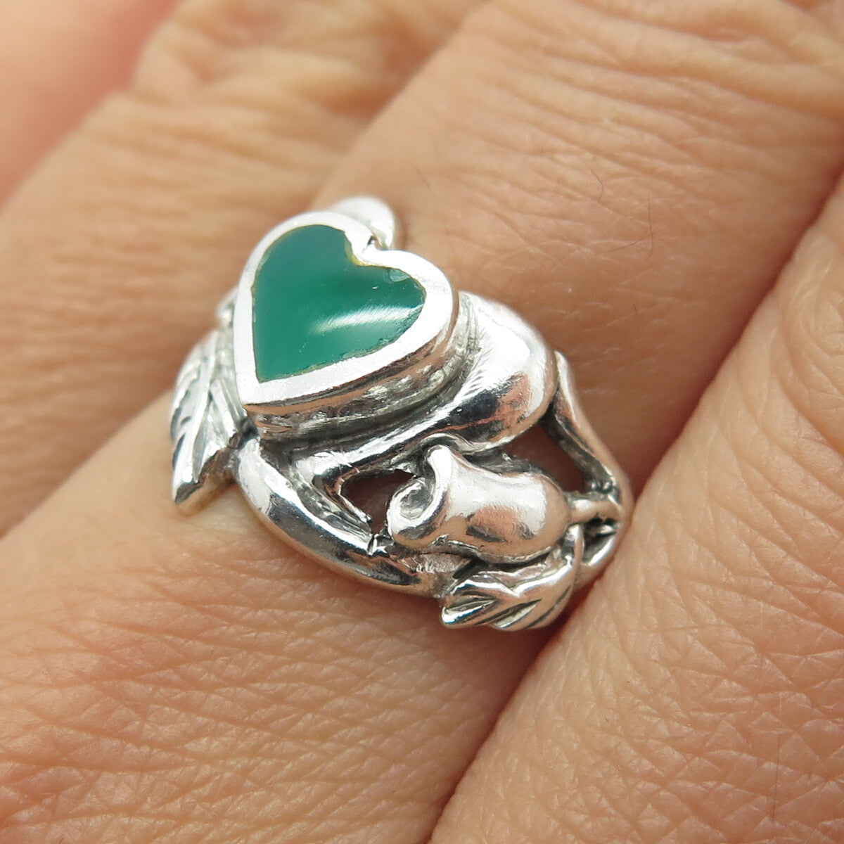 925 Sterling Silver Vintage Real Green Onyx Heart & Flower Ring Size 7.25