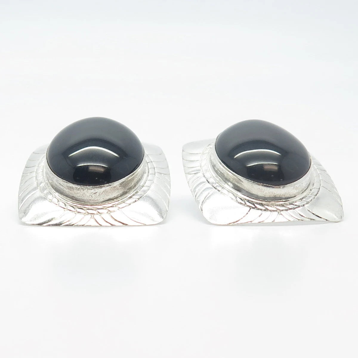 925 Sterling Silver Vintage Real Black Onyx Gem Carved Rectangle Earrings