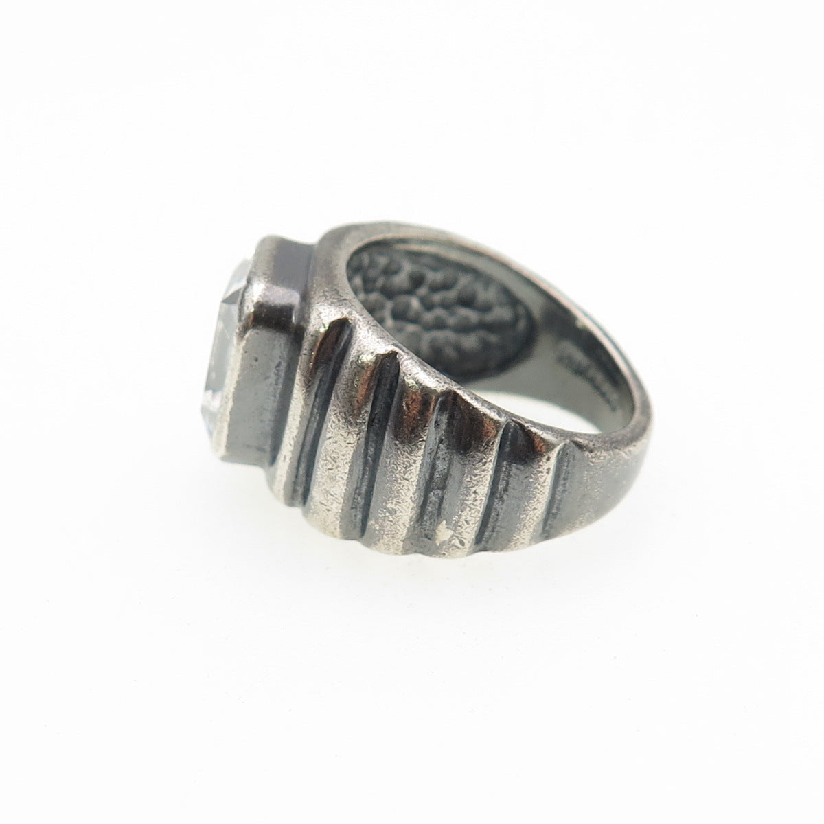 925 Sterling Silver Vintage Emerald-Cut C Z Modernist Oxidized Ring Size 6
