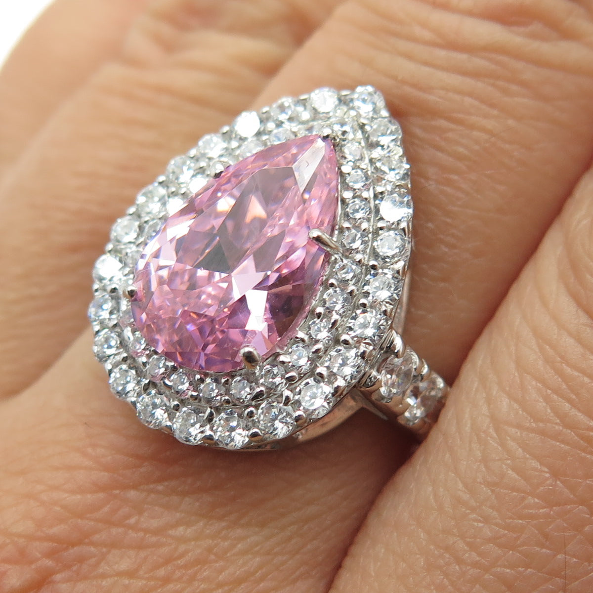925 Sterling Silver Pear & Round-Cut Pink White C Z Promise Ring Size 7.75