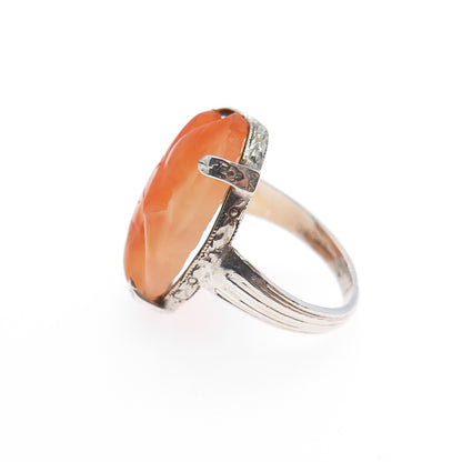 925 Sterling Silver Antique China Real Carved Orange Jade Floral Ring Size 2.75