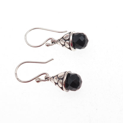 925 Sterling Silver Vintage Real Black Onyx Teardrop Dangle Earrings