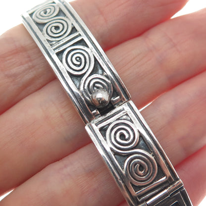 925 Sterling Silver Vintage Mexico Spiral Panel Link Oxidized Bracelet 7"
