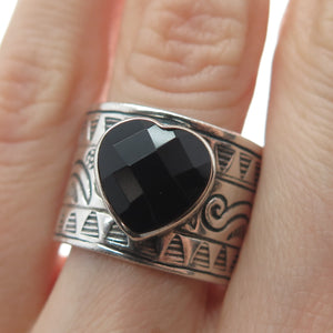 925 Sterling Silver Vintage Real Black Spinel Tribal Adjustable Ring Size 8.75