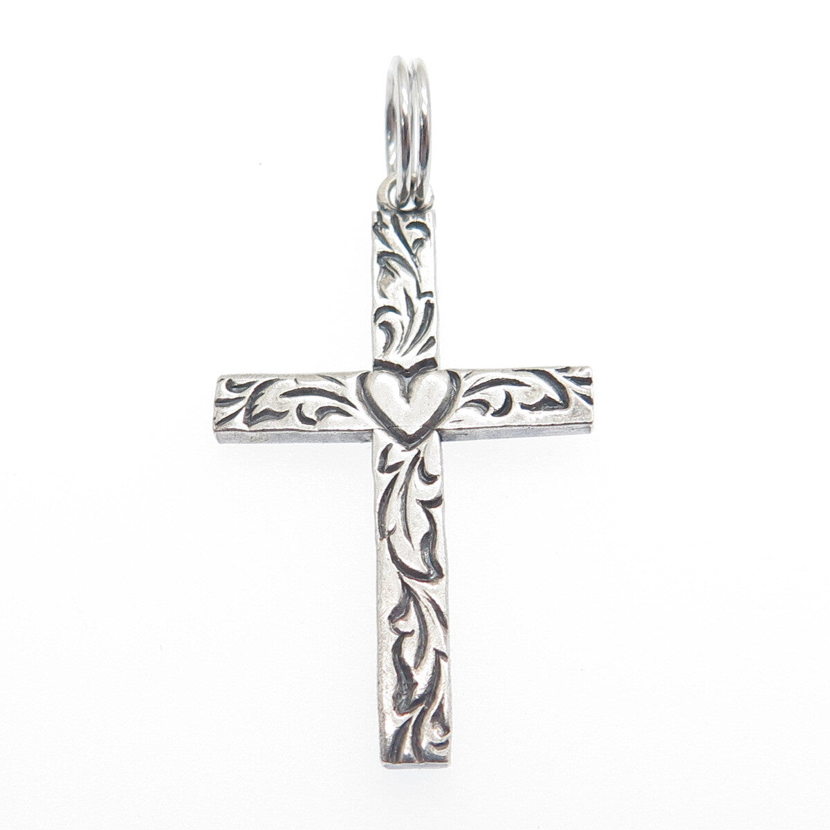 BEAU 925 Sterling Silver Vintage Heart & Feather Cross Oxidized Pendant