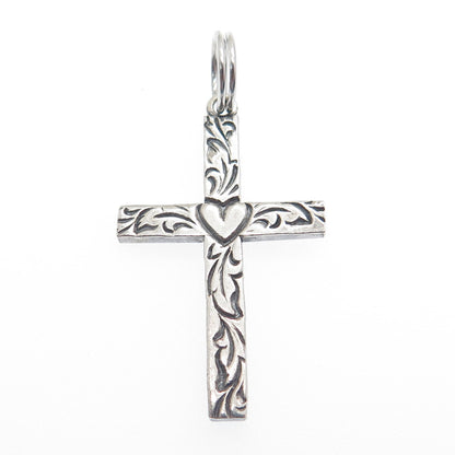 BEAU 925 Sterling Silver Vintage Heart & Feather Cross Oxidized Pendant