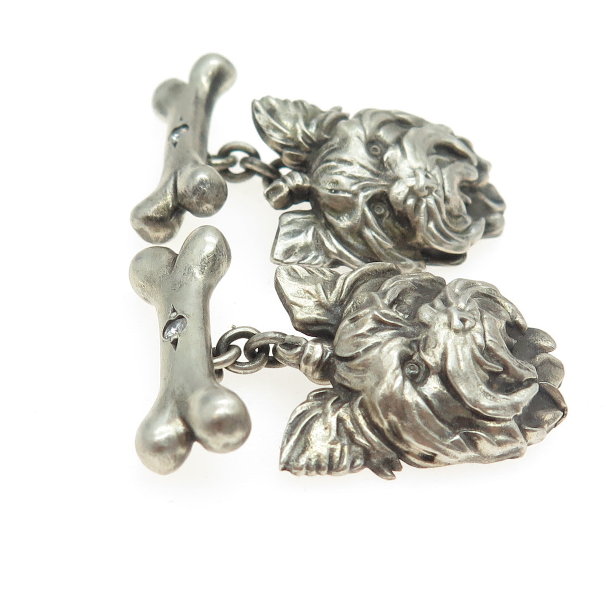 925 Sterling Silver Vintage Real Round-Cut Diamond Yorkshire Terrier Cufflinks