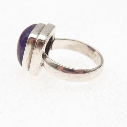 925 Sterling Silver Vintage Real Amethyst Modernist Oxidized Ring Size 6.75