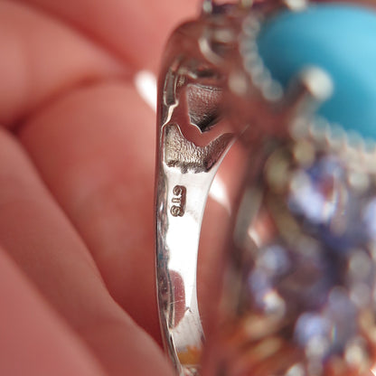 Chuck Clemency Sterling Silver 2-Tone Real Turquoise & Tanzanite Ring Size 8.25