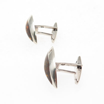 925 Sterling Silver Vintage Poland Real Amber Modernist Cufflinks