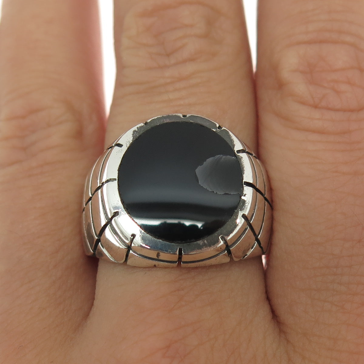 925 Sterling Silver Vintage Mexico Real Black Onyx Gem Checkered Ring Size 10.25