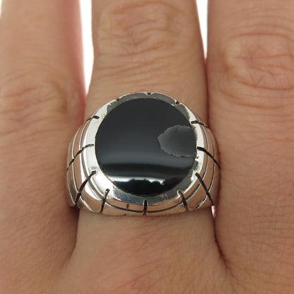 925 Sterling Silver Vintage Mexico Real Black Onyx Gem Checkered Ring Size 10.25