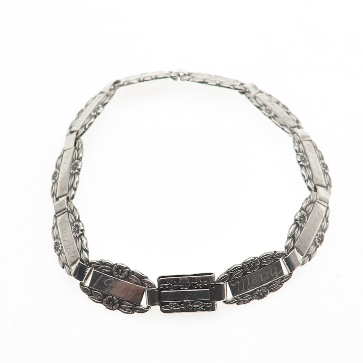 925 Sterling Silver Antique Art Deco Forget Me Not Engraved Link Bracelet 7.5"