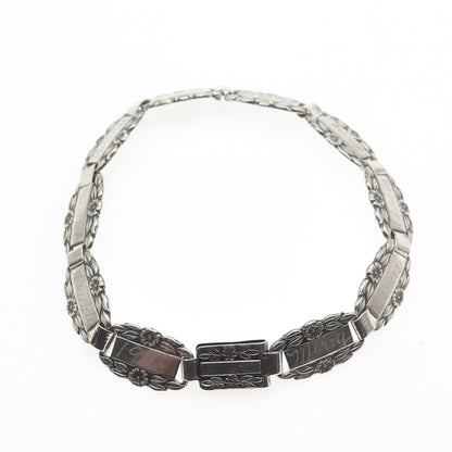 925 Sterling Silver Antique Art Deco Forget Me Not Engraved Link Bracelet 7.5"