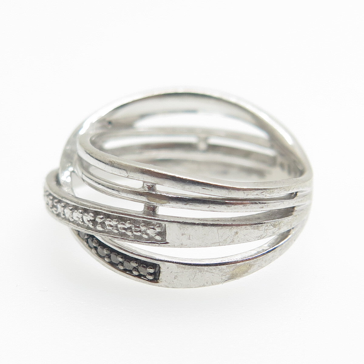 925 Sterling Silver Real Round-Cut Black & White Diamond Crisscross Ring Size 7