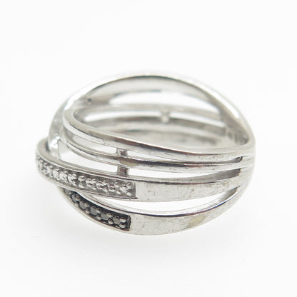 925 Sterling Silver Real Round-Cut Black & White Diamond Crisscross Ring Size 7