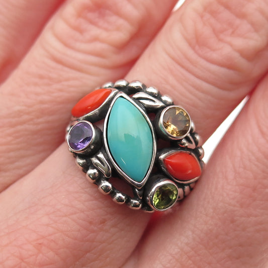 Carolyn Pollack 925 Sterling Silver Vintage Real Multi-Color Gem Ring Size 7
