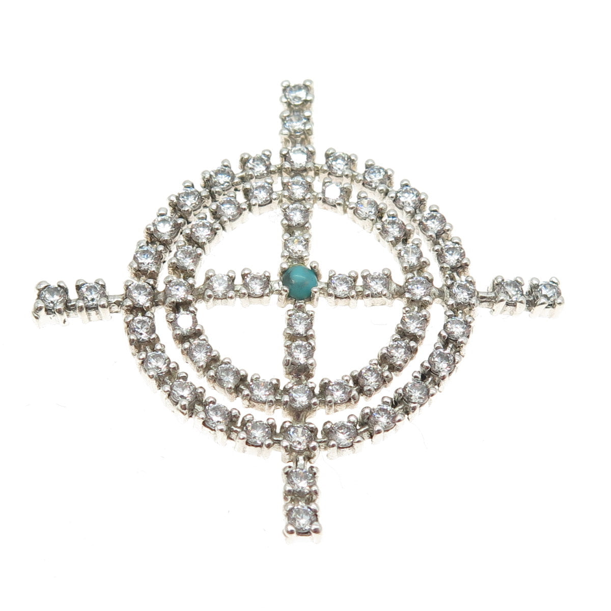 925 Sterling Silver Real Turquoise & Round-Cut C Z Cross Target Pendant