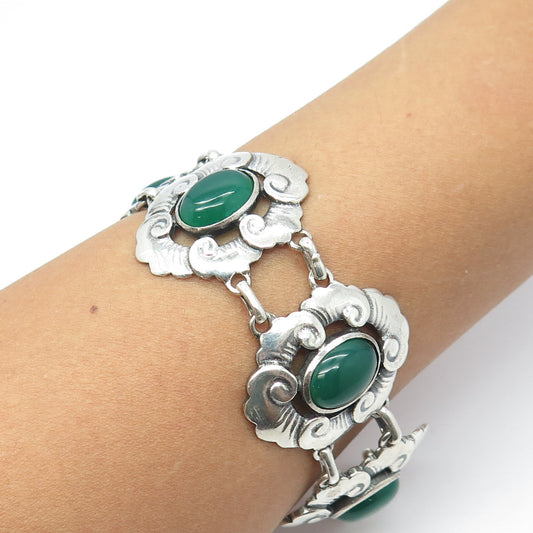 925 Sterling Silver Antique Art Deco Real Green Chalcedony Floral Bracelet 6.5"