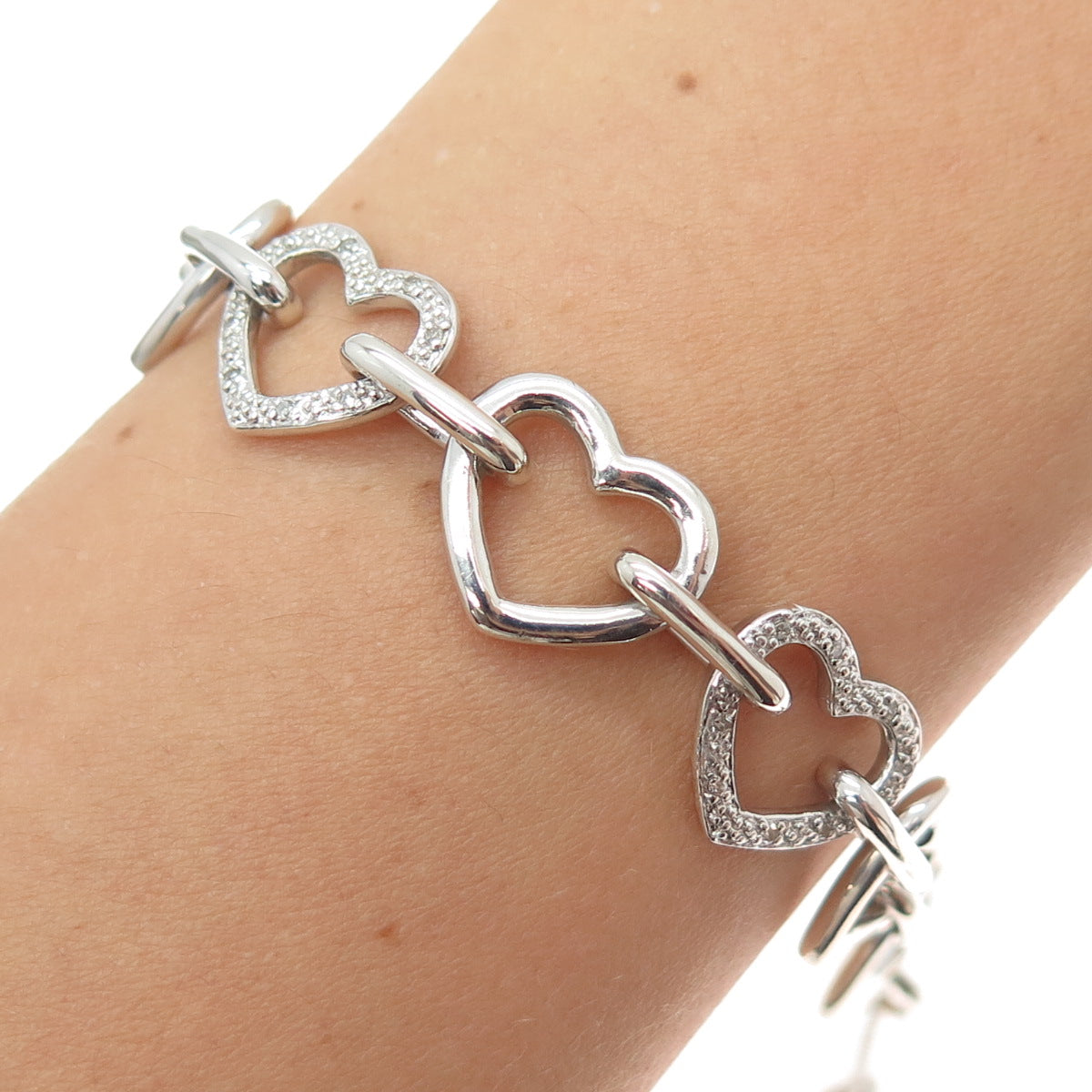 925 Sterling Silver Real Round-Cut Diamond Heart Link Bracelet 7.5"