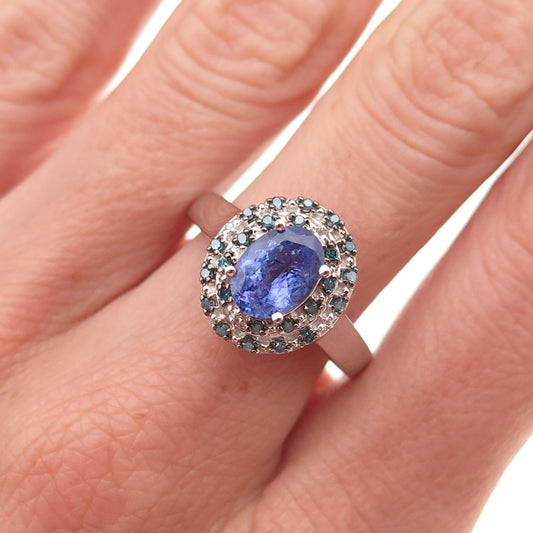 Sam 925 Sterling Silver Real Blue Diamond & Tanzanite Ring Size 8