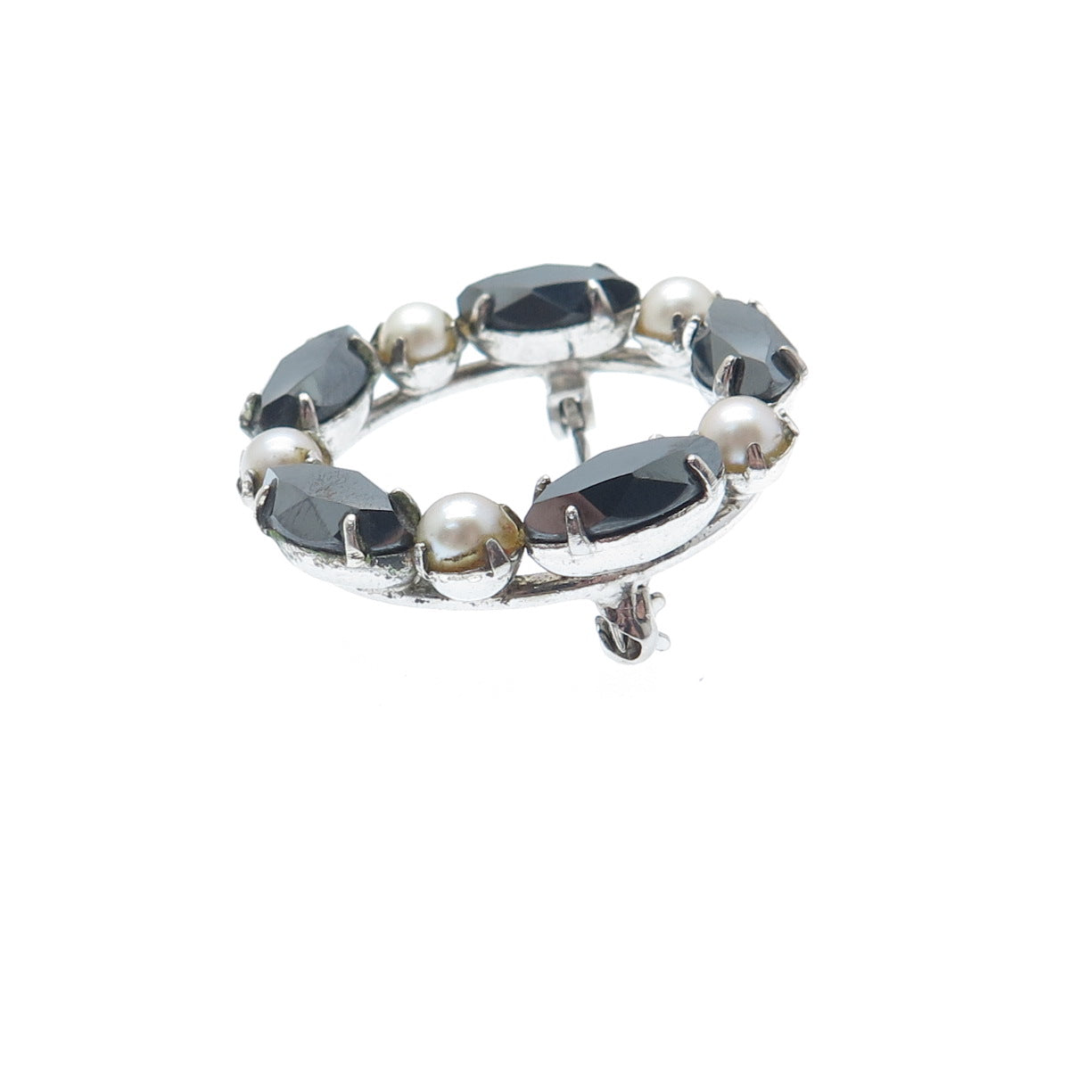 SORRENTO 925 Sterling Silver Vintage Real Hematite & Pearl Circle Pin Brooch