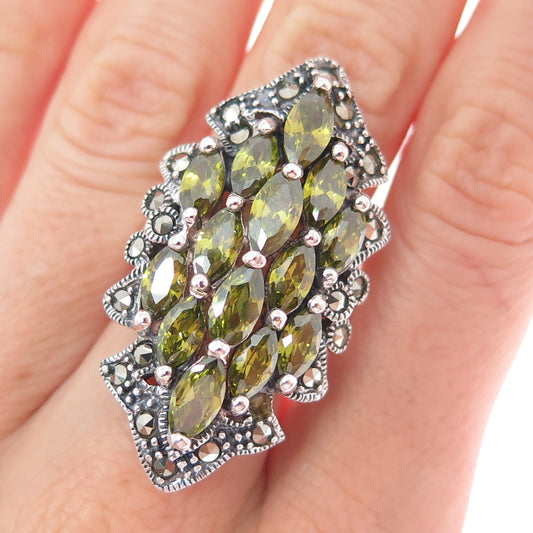 925 Sterling Silver Vintage Real Peridot Marcasite Ring Size 6 (missing 1 stone)
