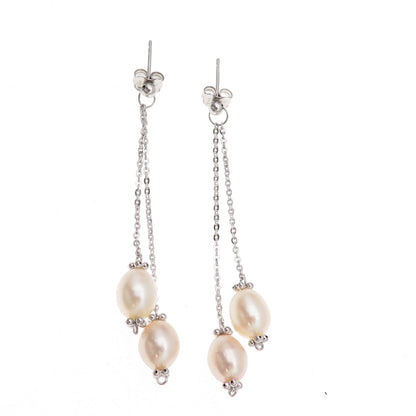 925 Sterling Silver Vintage Real Pearl Chain Drop Dangle Earrings