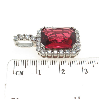 925 Sterling Silver Radiant-Cut Red Glass & Round-Cut C Z Pendant