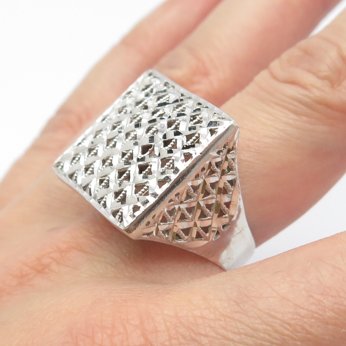 925 Sterling Silver Vintage Italy Square Cage Signet Ring Size 8.5