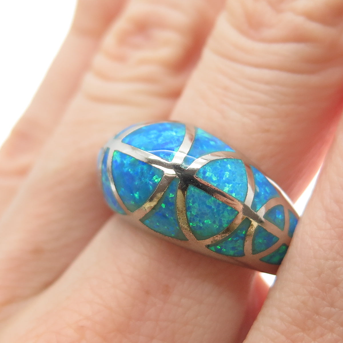 FD FELICIA DESIGN 925 Sterling Silver Vintage Real Opal Dome Ring Size 9.25